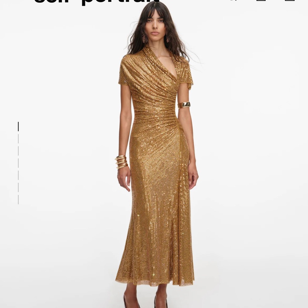 Self Portrait GOLD RHINESTONE DRAPE MIDI DRESS size 6